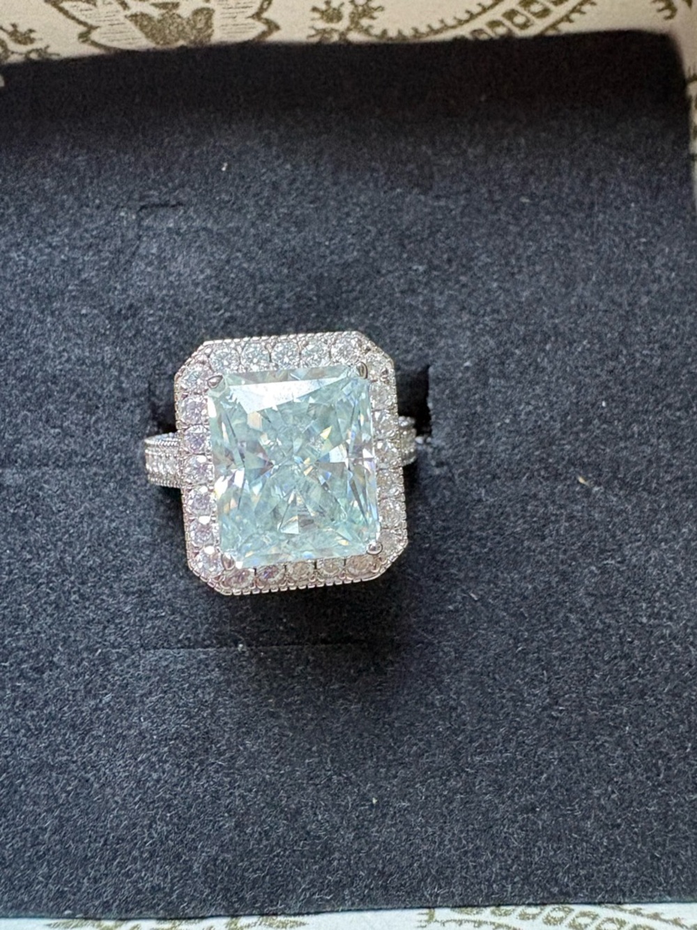 GENUINE MOISSANITE Vintage Look Ice Cut Blue Radiant Halo Ring Sterling Silver 6